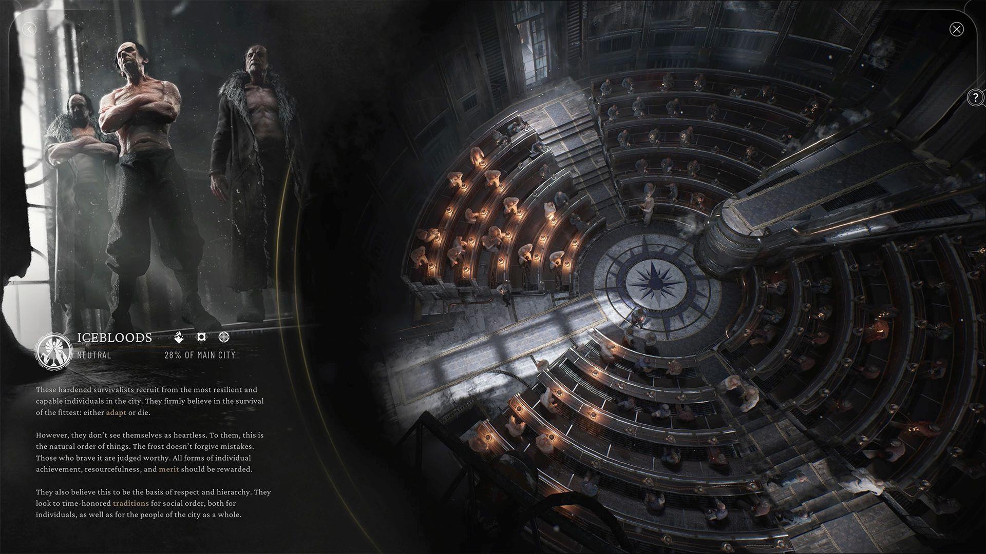 Frostpunk 2 screenshot of The Council room and a description of the Icebloods faction