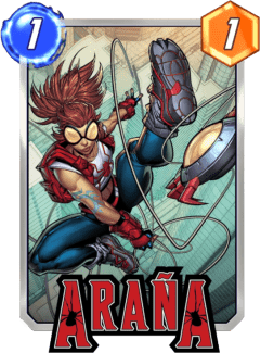 An image of the Araña Marvel Snap card. It has a 1 in a blue bubble in the top left corner and a 1 in a yellow hexagon in the top right corner indicating its energy cost and power, respectively.