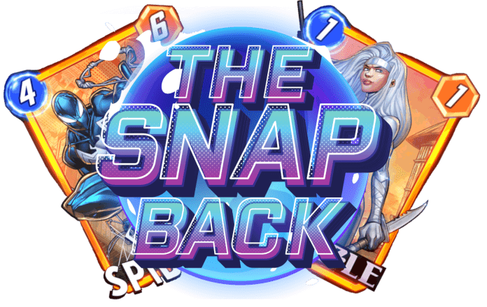 The Snap Back logo with the Symbiote Spider-Man and Silver Sable Marvel Snap cards behind it.