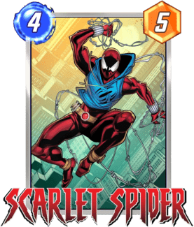 An image of the Scarlet Spider Marvel Snap card. It has a 4 in a blue bubble in the top left corner and a 5 in a yellow hexagon in the top right corner indicating its energy cost and power, respectively.