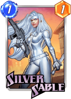 An image of the Silver Sable Marvel Snap card. It has a 1 in a blue bubble in the top left corner and a 1 in a yellow hexagon in the top right corner indicating its energy cost and power, respectively.