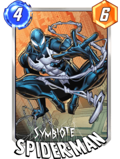 An image of the Symbiote Spider-Man Marvel Snap card. It has a 4 in a blue bubble in the top left corner and a 6 in a yellow hexagon in the top right corner indicating its energy cost and power, respectively.